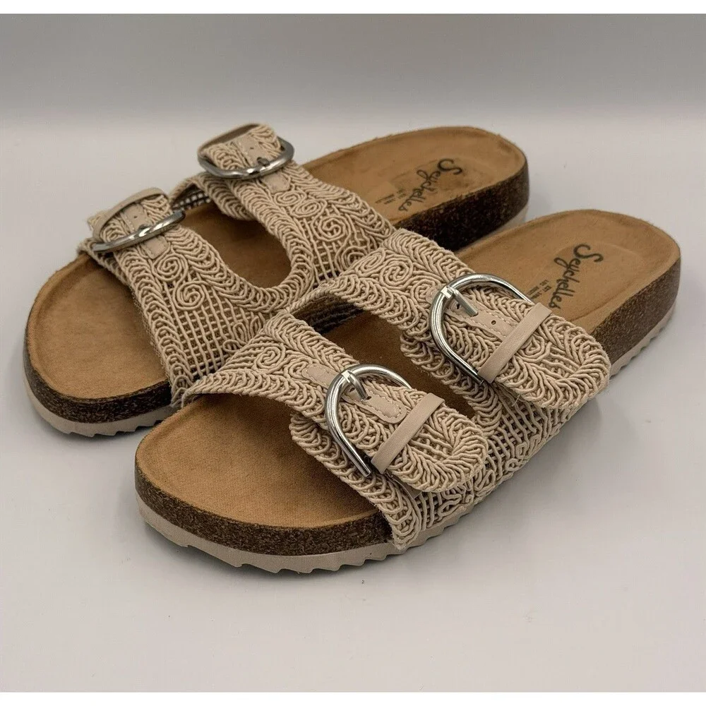 Seychelles Nani Woven Buckle Slide Sandals Women’s 7.5 Beige Boho Cork